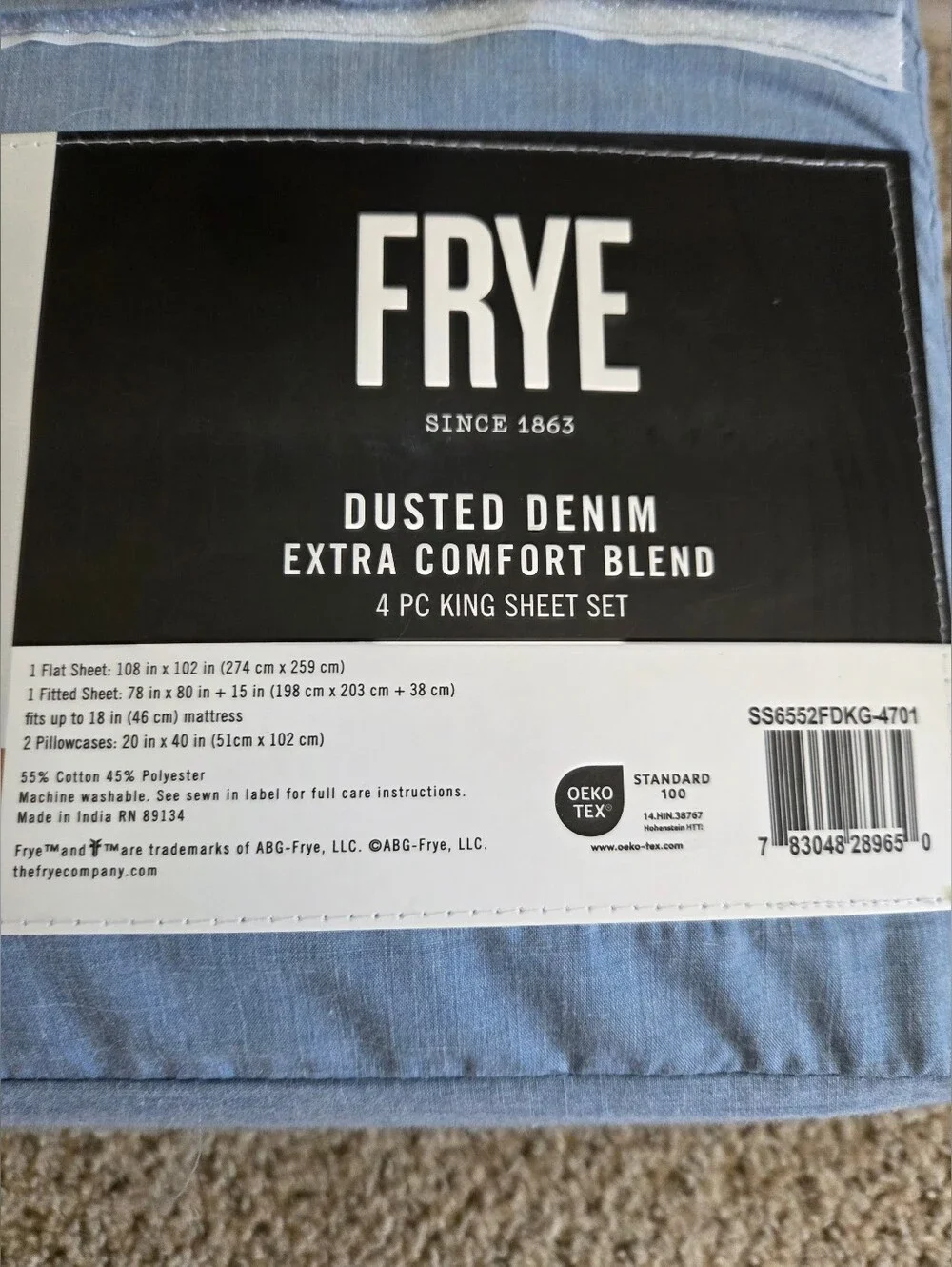 NEW FRYE Dusted Denim Extra Comfort Blend 4 PC KING Sheet Set Chambray Blue